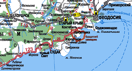 Карта курортов Юго-восточное побережье Крыма